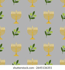 Seamless vector pattern featuring golden menorahs with lit candles and olive branches on a grey background, ideal for Hanukkah celebrations and festive designs.