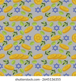 Seamless vector pattern featuring golden Hanukkah gelt coins, blue Star of David symbols, and olive branches on a gray background, creating a festive and traditional design.