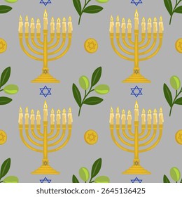 Seamless vector pattern featuring golden menorahs with lit candles, olive branches, and Star of David symbols, creating a festive Hanukkah design.