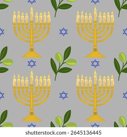 Seamless vector pattern featuring golden menorahs with lit candles, olive branches, and Star of David symbols on a gray background, perfect for Hanukkah celebrations.