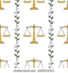 Seamless vector pattern featuring golden scales of justice and intertwining green leaves, creating a balanced and harmonious design ideal for legal or nature-themed projects.