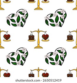 Seamless vector pattern featuring golden scales balancing a briefcase and a leafy heart, interspersed with heart-shaped floral arrangements.