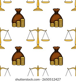 Padrão de vetor sem emenda com escalas douradas de justiça e sacos de moedas de ouro, simbolizando o equilíbrio de riqueza e lei.