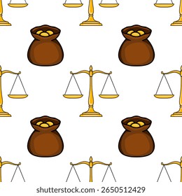 Padrão de vetor sem emenda com escalas douradas de justiça e sacos marrons de moedas de ouro, ilustrando um conceito de riqueza legal e equilíbrio.