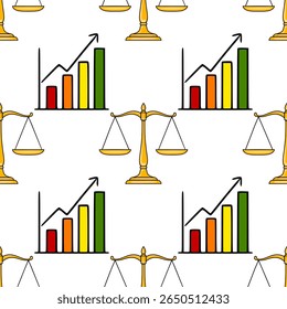 Seamless vector pattern featuring golden scales of justice and a vibrant bar graph illustrating upward financial growth, symbolizing balanced prosperity and legal success.