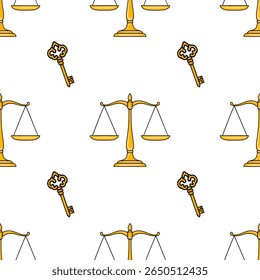 Padrão vetorial contínuo com escalas douradas de justiça e teclas ornamentadas, um design simbólico para projetos jurídicos ou com temática de justiça.