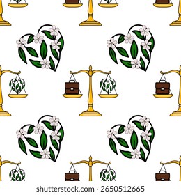 Seamless vector pattern featuring golden scales of justice balancing a briefcase and a heart-shaped floral arrangement, symbolizing work-life balance with nature.