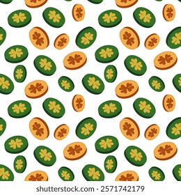 Seamless vector pattern featuring green and orange clover leaves set on a white background for decorative purposes