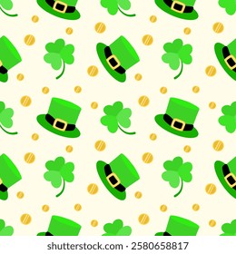 A seamless vector pattern featuring green leprechaun hats with black bands and gold buckles, three-leaf clovers, and golden coins on a light cream background. Perfect for St. Patrick’s Day designs.