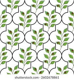 A seamless vector pattern featuring green leaves with ladybug on a white background, framed by black outlines in an elegant design.