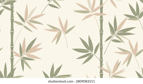 Seamless vector pattern featuring green and pink bamboo stalks and leaves on a cream background. Minimalist floral design with a traditional Asian aesthetic for textiles.