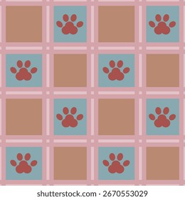 Seamless vector pattern featuring a grid of pastel squares, alternating between beige and teal, each containing a stylized red paw print, creating a playful and minimalist design.