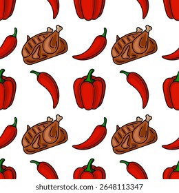Padrão de vetor sem costura com frango grelhado, pimentão vermelho e pimentão chili, uma ilustração vibrante perfeita para blogs de alimentos, menus ou embalagens.