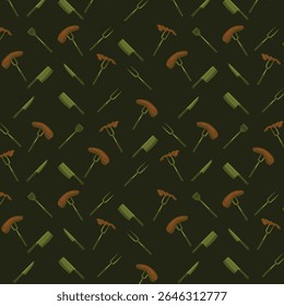 A seamless vector pattern featuring grilling essentials and sizzling sausages, perfect for food-related designs.
