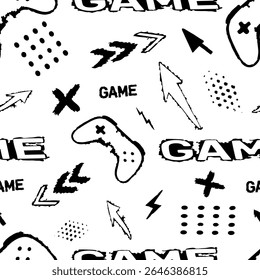 Padrão de vetor contínuo com elementos de videogame estilo grunge, incluindo controladores, setas, símbolos e a palavra "GAME" em negrito. Design monocromático em preto-e-branco ideal para têxteis,