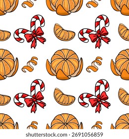 Seamless vector pattern featuring halved tangerines, citrus slices, candy canes with red bows, and curled orange peels on a white background.