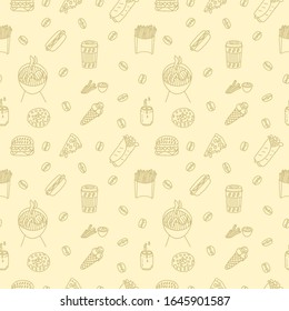 Seamless vector pattern featuring hand drawn food pictures.