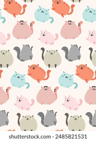 Seamless vector pattern featuring hand drawn colorful cats. Perfect for kitchen covers, fabrics, wallpapers, wrapping papers, and textiles.