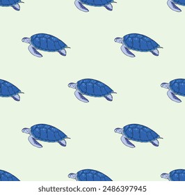 Seamless vector pattern featuring hand drawn blue sea turtles. Perfect for kitchen covers, fabrics, wallpapers, wrapping papers, and textiles. This marine design adds a playful touch to any project.