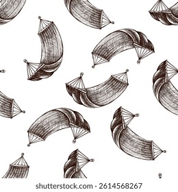 Seamless vector pattern featuring hand drawn sketch of a classic fabric hammock. Vintage brown ink illustration on a white background. Perfect for summer, camping, garden decor, vacation, rest