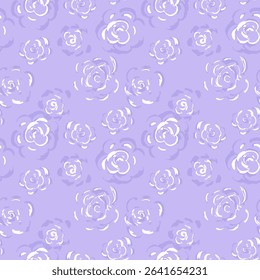 Seamless vector pattern featuring hand drawn artistic roses shades on a pastel violet, purple, lavender background. The expressive, sketch like floral design for textiles, fashion, packaging, branding
