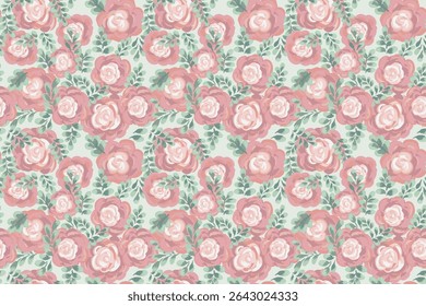 Seamless vector pattern featuring hand painted soft roses with leaves on a light background. Pastel, elegant, and artistic, perfect for textiles, wallpapers, packaging, fashion design projects