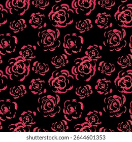 Seamless vector pattern featuring hand drawn artistic roses in bold red shades on a black background. The expressive, sketch like floral design for textiles, fashion, packaging, branding