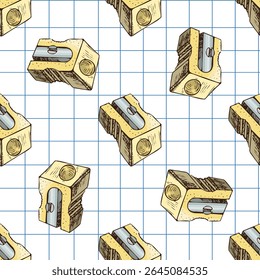 Seamless vector pattern featuring hand drawn vintage wooden pencil sharpeners. Colorful sketch style on a grid notebook background. Perfect for school-themed designs.