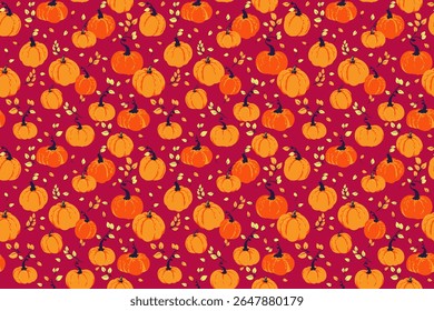 Seamless vector pattern featuring hand drawn pumpkins and autumn leaves on a deep red background. Template for seasonal fall designs, Thanksgiving, packaging, fabrics, and greeting cards