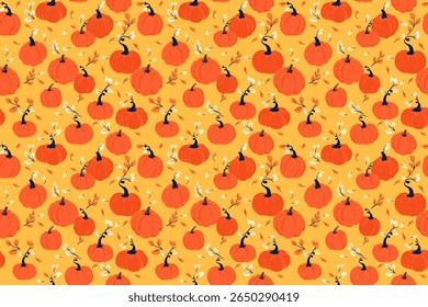 Seamless vector pattern featuring hand drawn pumpkins and autumn leaves on a yellow background. Template for seasonal fall designs, Thanksgiving, packaging, fabrics, and greeting cards