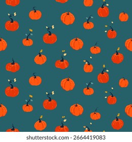 Seamless vector pattern featuring hand drawn orange pumpkins with curly stems on a teal background. Template for autumn textiles, packaging, and seasonal designs