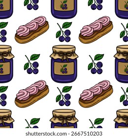 Seamless vector pattern featuring hand drawn illustrations of blueberry jam in a jar, eclairs with pink cream, and fresh blueberries, creating a sweet and charming design.