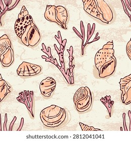 Seamless vector pattern featuring hand drawn ink line art of ocean seashells, corals, and seaweeds. Whimsical naive summer design in a soft pastel palette of peach, pink, and brown on a textured sand background. Ideal for coastal fashion, swimwear, resort apparel, and beach-inspired home textiles.
