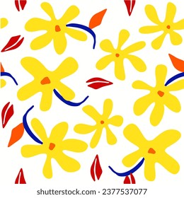 Seamless vector pattern featuring hand-drawn colorful flowers and doodles, with artistic floral elements repeating in red, yellow, and blue. Ideal as a creative and artistic background.