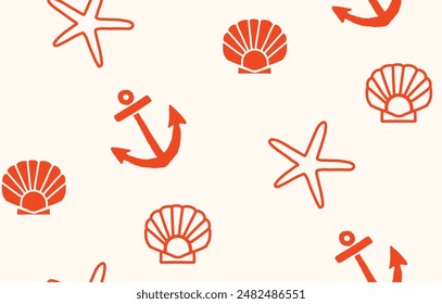 Seamless vector pattern featuring hand-drawn seashells, starfish, and anchors. Perfect for, fabrics, wallpapers, wrapping papers, and textiles. This nautical design adds a playful marine touch.