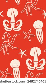 Seamless vector pattern featuring hand-drawn squid and starfish. Perfect for kitchen covers, fabrics, wallpapers, wrapping papers, and textiles. This marine design adds a fun touch to any project.