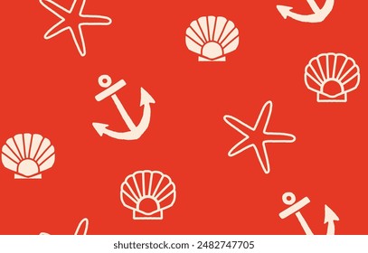 Seamless vector pattern featuring hand-drawn seashells, starfish, and anchors. Perfect for, fabrics, wallpapers, wrapping papers, and textiles. This nautical design adds a playful marine touch.