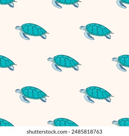 Seamless vector pattern featuring hand-drawn sea turtles in vibrant blue. Perfect for kitchen covers, fabrics, wallpapers, wrapping papers, and textiles.