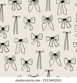 A seamless vector pattern featuring hand-drawn bows on a beige background. Perfect for fabric designs, gift wrapping, and creative projects