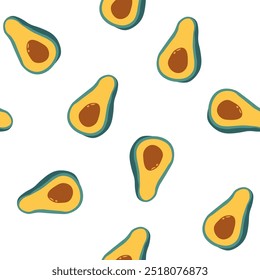 A seamless vector pattern featuring hand-drawn avocados isolated on a white background. Ideal for textile, packaging, and fresh tropical designs.