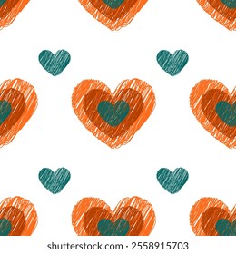A seamless vector pattern featuring hand-drawn hearts in burgundy, red, and green hues. Designed in a whimsical doodle style, this pattern on a transparent background is ideal for Valentine's Day