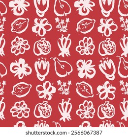 A seamless vector pattern featuring hand-drawn flowers and fruits like pears, pomegranates, and lemons. The ink doodles on red background add a naive and whimsical charm.