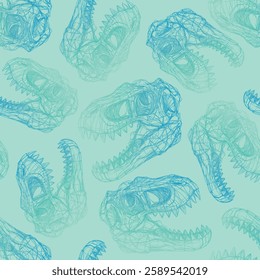 Seamless vector pattern featuring hand-drawn T-Rex skulls in blue tones on a light background. Perfect for textile prints, wallpapers, and prehistoric-themed designs.