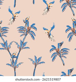 A seamless vector pattern featuring hand-drawn tropical parrots perched on exotic foliage against a soft beige background