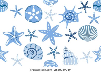 Seamless vector pattern featuring hand-drawn starfish, seashells, and ocean elements on a navy blue background. Perfect for summer-themed designs, textiles, wrapping paper, and digital projects.