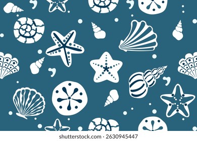Seamless vector pattern featuring hand-drawn starfish, seashells, and ocean elements on a navy blue background. Perfect for summer-themed designs, textiles, wrapping paper, and digital projects.