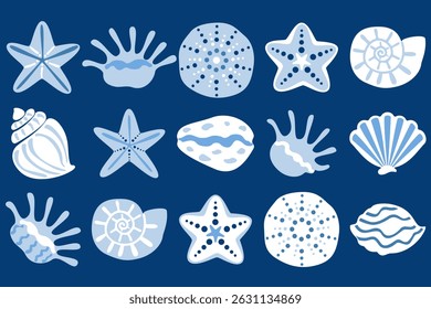 Seamless vector pattern featuring hand-drawn starfish, seashells, and ocean elements on a navy blue background. Perfect for summer-themed designs, textiles, wrapping paper, and digital projects.