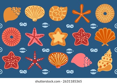 Seamless vector pattern featuring hand-drawn starfish, seashells, and ocean elements on a navy blue background. Perfect for summer-themed designs, textiles, wrapping paper, and digital projects.