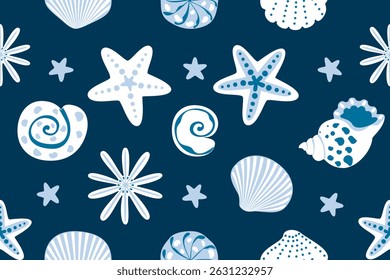 Seamless vector pattern featuring hand-drawn starfish, seashells, and ocean elements on a navy blue background. Perfect for summer-themed designs, textiles, wrapping paper, and digital projects.