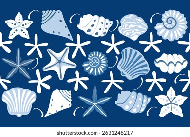 Seamless vector pattern featuring hand-drawn starfish, seashells, and ocean elements on a navy blue background. Perfect for summer-themed designs, textiles, wrapping paper, and digital projects.